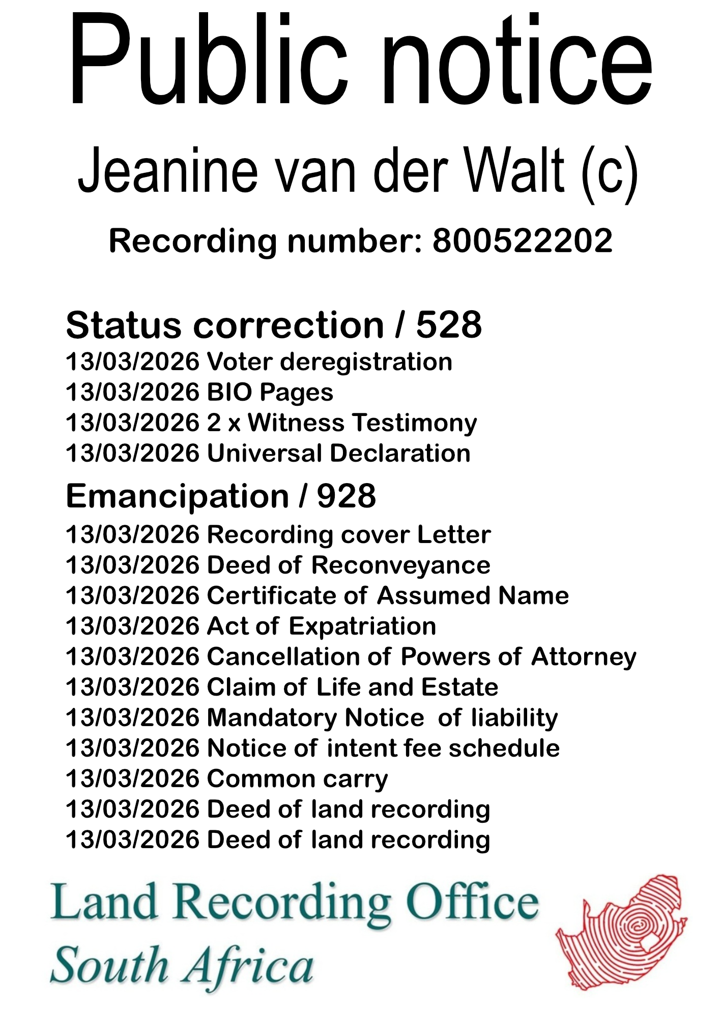 Public notice Jeanine van der Walt (c) Recording number 800522202